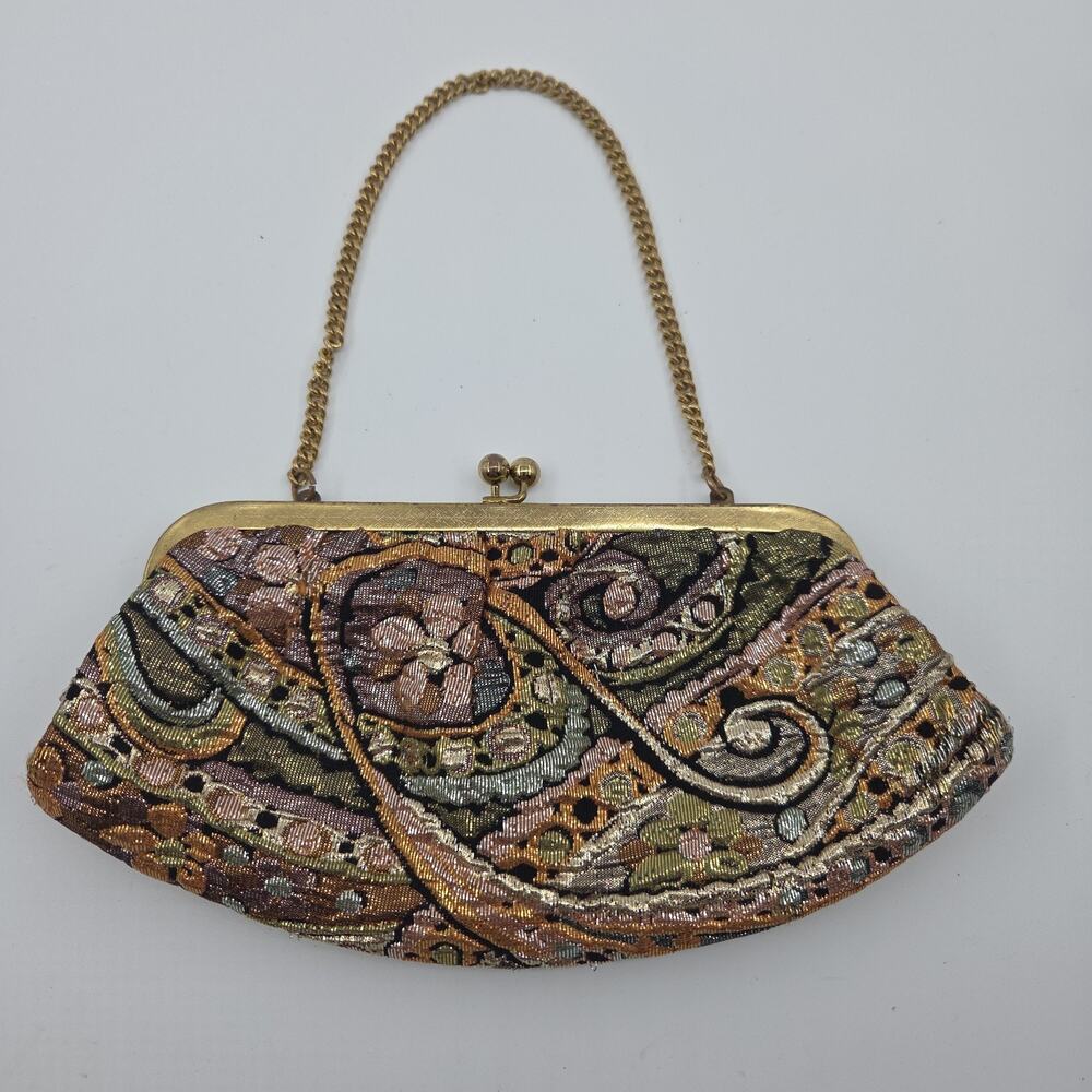 Vtg Metallic Brocade Evening Bag Gold Chain Kiss Lock Clutch Purse Flower Power